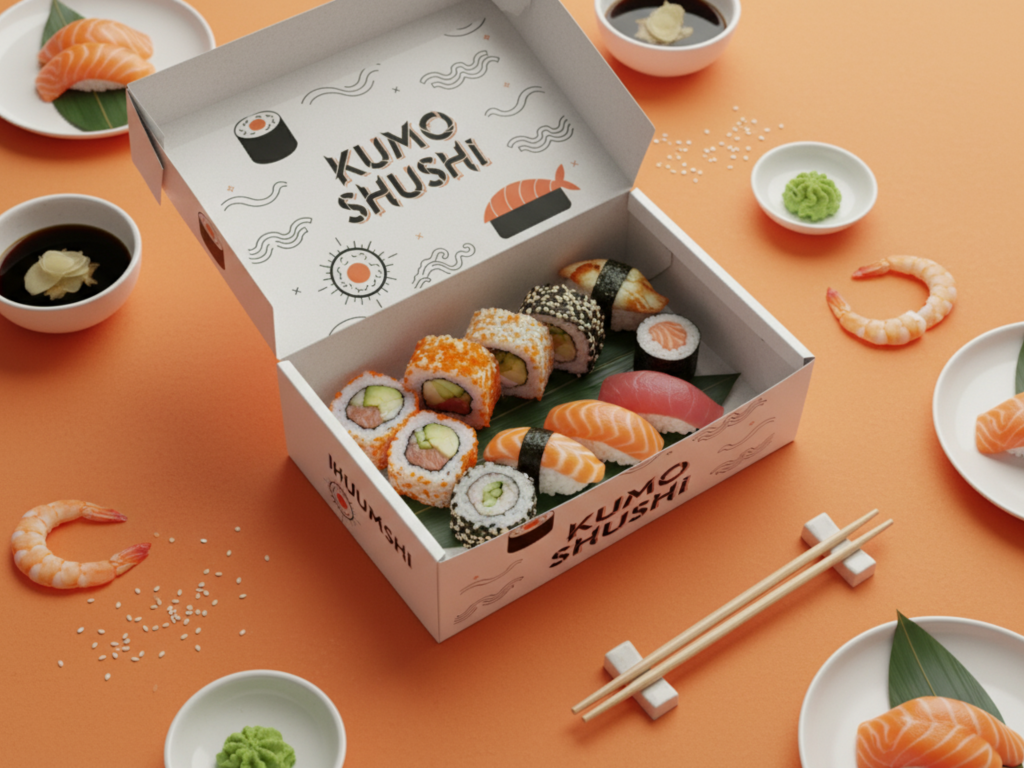 AI-generated sushi restaurant branding and packaging concept by Autoshoot